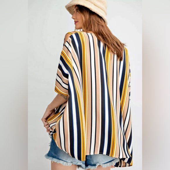 Brand New EASEL Cold Shoulder Multi Color Stripe Poncho Top Size SMALL - Picture 5 of 5